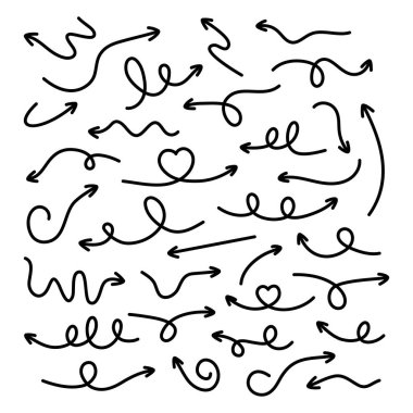 Okların el çizimi tarzı koleksiyonu. Ok karalama işaretleri ayarlandı. Vektör beyazda izole edildi.