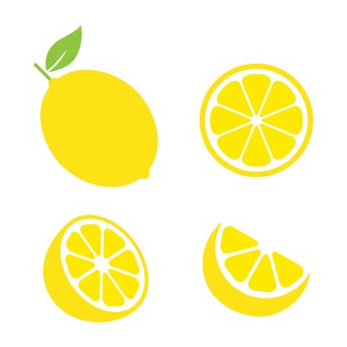Lemon cut slices vector set. Whole, half and slice chopped lemon fruit flat collection. Citrus elements group. Illustration isolated on white background.