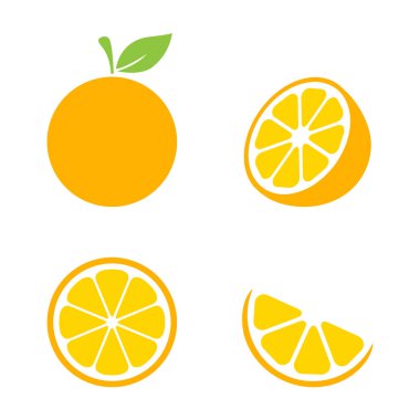 Orange slices set. Whole, half and slice chopped orange fruit. Vector illustration isolated on white background.