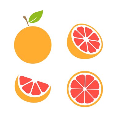 Greyfurt dilimleri hazır. Tam, yarısı ve dilimlenmiş greyfurt meyvesi koleksiyonu. Citrus elementleri grubu. Vektör illüstrasyonu beyaz arkaplanda izole edildi.