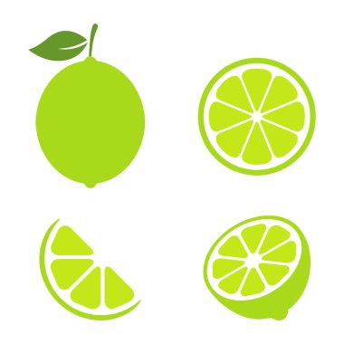 Limon dilimleri vektör kümesi. Tam, yarısı ve dilimlenmiş limonlu meyve koleksiyonu. Citrus elementleri grubu. Resimler beyaz arkaplanda izole edildi.