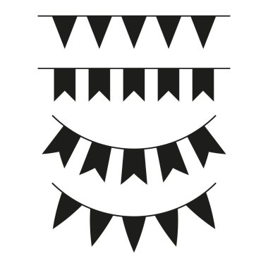 Bunting siyah silueti. Parti çelenkleri şeklinde. Doğum günü unsurları dekorasyonu. Vektör beyazda izole edildi.