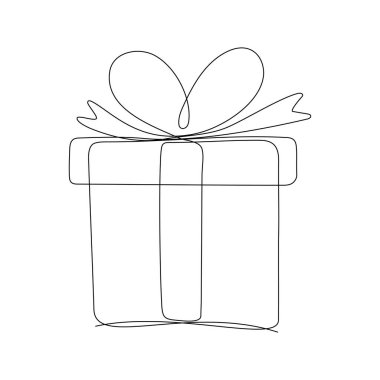 Hediye kutusu aralıksız çizgi sanatı. Şimdiki kare doğrusal sembol. Kurdeleli bir sürpriz. Vektör beyazda izole edildi.