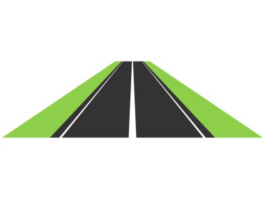 Straight asphalt road. Roadway trip symbol. Perspective highway traffic with vertical lines. Vector isolated on white.