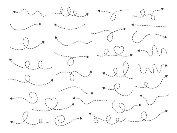 Dotted Line Arrows Doodle Set Hand Drawn Dashed Different Way — Vettoriale Stock