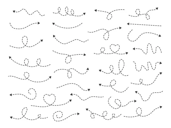 Flechas Línea Punteada Doodle Set Mano Dibujada Discontinua Flecha Manera — Vector de stock