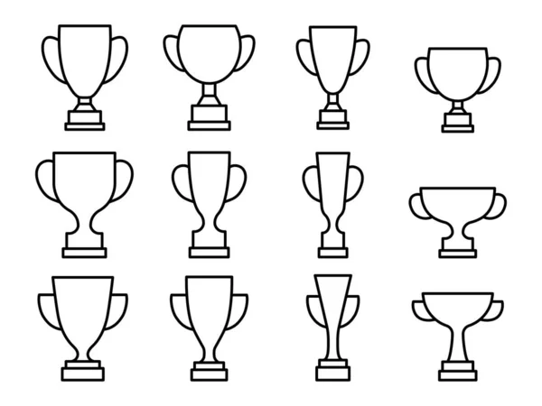 Bekerlijn Ingesteld Winnende Cups Overzicht Collectie Overwinning Lineaire Symbolen Vector — Stockvector