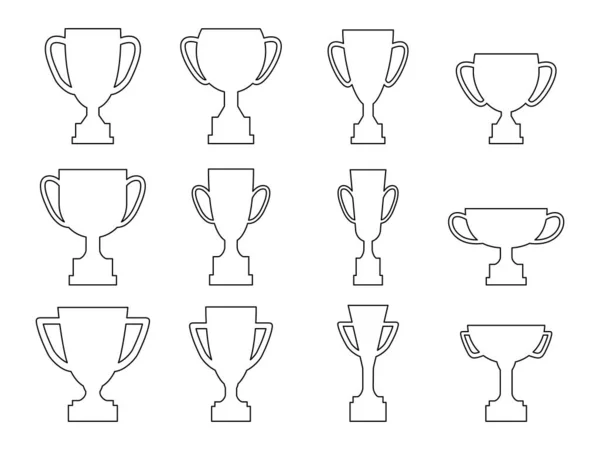 Bekerlijn Ingesteld Winnende Cups Overzicht Collectie Overwinning Lineaire Symbolen Vector — Stockvector