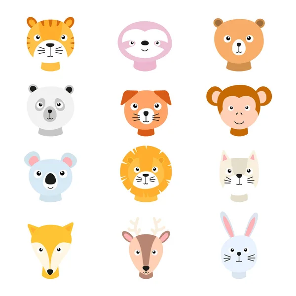 Cute Animals Portraits Set Children Card Tiger Lion Panda Bunny — Vector de stock