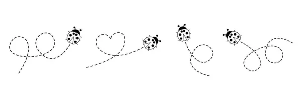 Ladybug Fly Set Ladybirds Flying Dotted Route Animal Silhouette Vector — 스톡 벡터