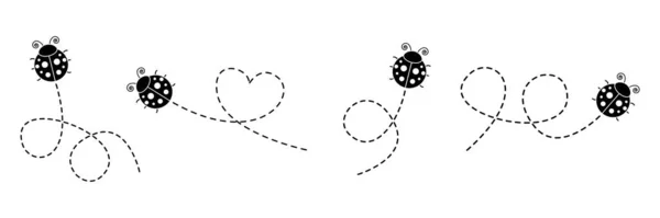 Ladybug Fly Set Ladybirds Flying Dotted Route Animal Silhouette Vector — 스톡 벡터