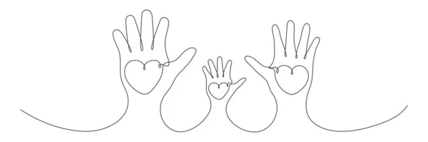 Continuous One Line Drawing Family Hands Hold Hearts Mother Father — Stok Vektör