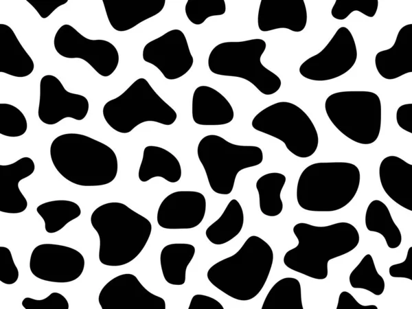 Abstract random black shapes seamless pattern. Cow animal skin wallpaper. Hand drawn spots backdrop. Abstract circular elements texture. Vector illustration isolated on white.