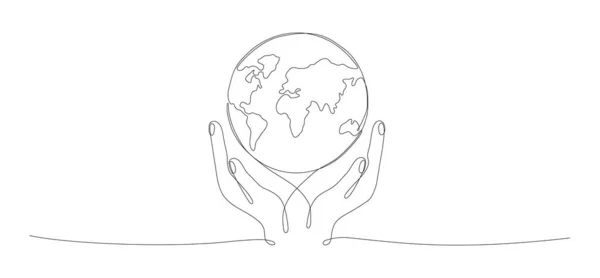 Human Hands Holding Earth Globe Continuous Line Art Drawing Planet — ストックベクタ