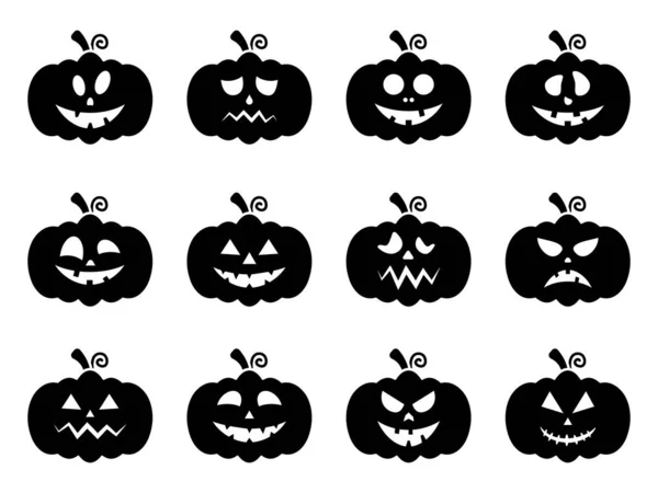 Kürbis Gesichter Silhouetten Gesetzt Sammlung Von Halloween Kürbissen Vektor Isoliert — Stockvektor