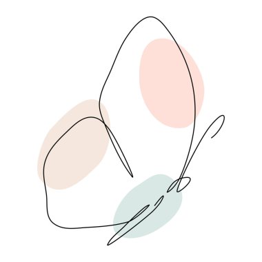 Kelebek sürekli bir çizgi çiziyor. Soyut pastel renk şekilleriyle uçan doğrusal sanat kelebeği. Vektör beyazda izole edildi.