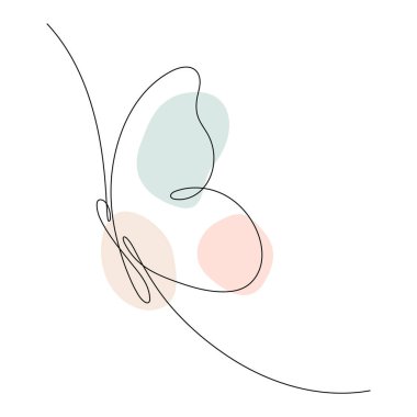 Kelebek sürekli bir çizgi çiziyor. Soyut pastel renk şekilleriyle uçan doğrusal sanat kelebeği. Vektör beyazda izole edildi.
