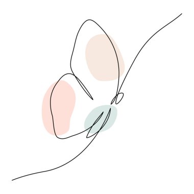 Kelebek sürekli bir çizgi çiziyor. Soyut pastel renk şekilleriyle uçan doğrusal sanat kelebeği. Vektör beyazda izole edildi.