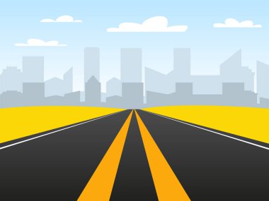 Çöl manzarası yolu. Düz asfalt yol. Dikey sarı çizgileri olan otoyol trafiği. Vektör illüstrasyonu.