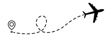Uçak çizgisi noktalı yol. Uçuş güzergahı başlangıç noktası ve noktalı çizgi izi. Seyahat ve turizm konsepti. Vektör illüstrasyonu beyaz arkaplanda izole edildi.
