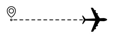 Uçak çizgisi noktalı yol. Uçuş güzergahı başlangıç noktası ve noktalı çizgi izi. Seyahat ve turizm konsepti. Vektör illüstrasyonu beyaz arkaplanda izole edildi.