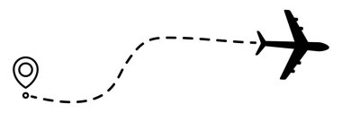 Uçak çizgisi noktalı yol. Uçuş güzergahı başlangıç noktası ve noktalı çizgi izi. Seyahat ve turizm konsepti. Vektör illüstrasyonu beyaz arkaplanda izole edildi.