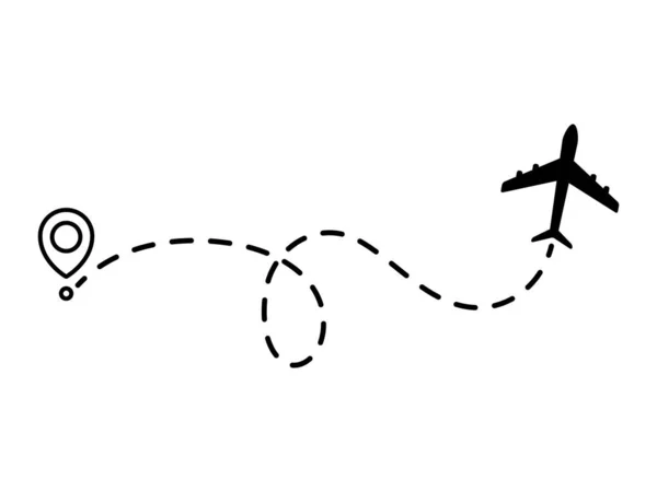 飛行機のライン点線のパス 出発点と点線のトレースを持つ平面飛行ルート 旅行や観光の概念 白を基調としたベクトルイラスト — ストックベクタ