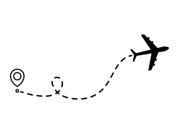 飛行機のライン点線のパス 出発点と点線のトレースを持つ平面飛行ルート 旅行や観光の概念 白を基調としたベクトルイラスト — ストックベクタ