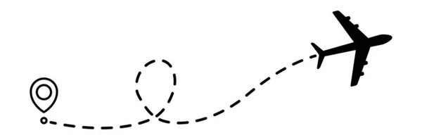 飛行機のライン点線のパス 出発点と点線のトレースを持つ平面飛行ルート 旅行や観光の概念 白を基調としたベクトルイラスト — ストックベクタ