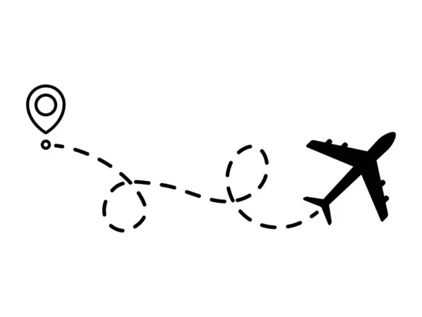 飛行機のライン点線のパス 出発点と点線のトレースを持つ平面飛行ルート 旅行や観光の概念 白を基調としたベクトルイラスト — ストックベクタ