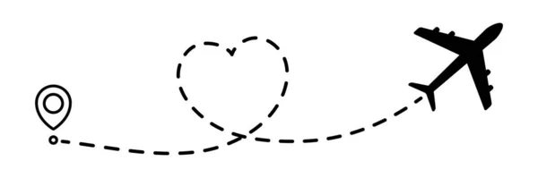 心形の飛行機ライン点線のパス 出発点と点線のトレースを持つ平面飛行ルート 旅行や観光の概念 白を基調としたベクトルイラスト — ストックベクタ