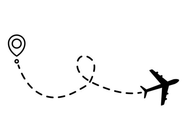 飛行機のライン点線のパス 出発点と点線のトレースを持つ平面飛行ルート 旅行や観光の概念 白を基調としたベクトルイラスト — ストックベクタ