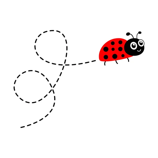 Ladybug Vliegt Stippelroute Cartoon Lieveheersbeestje Icoon Vector Geïsoleerd Witte Achtergrond — Stockvector