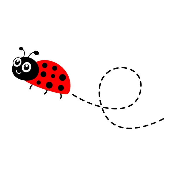 Ladybug Vliegt Stippelroute Cartoon Lieveheersbeestje Icoon Vector Geïsoleerd Witte Achtergrond — Stockvector
