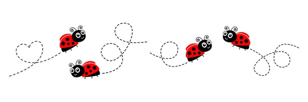 Ladybug Icoon Ingesteld Lieveheersbeestjes Vliegen Stippelroute Vector Geïsoleerd Wit — Stockvector