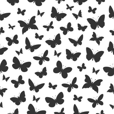 Kelebek uçan siluet kusursuz desen. Kelebek siyah dokusu. Vektör illüstrasyonu.