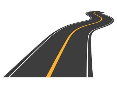 Dümdüz asfalt yol. Dikey sarı çizgileri olan perspektif otoyol trafiği. Yol gezisi sembolü. Vektör beyazda izole edildi.