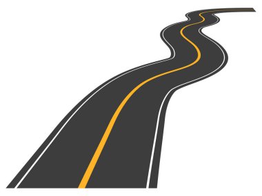 Dümdüz asfalt yol. Dikey sarı çizgileri olan perspektif otoyol trafiği. Yol gezisi sembolü. Vektör beyazda izole edildi.