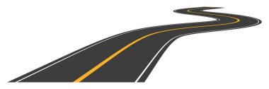 Dümdüz asfalt yol. Dikey sarı çizgileri olan perspektif otoyol trafiği. Yol gezisi sembolü. Vektör beyazda izole edildi.