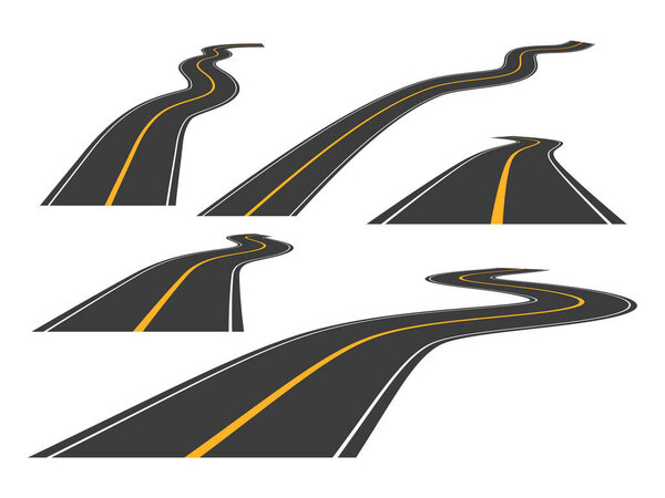 Curved straight asphalt road set. Perspective highway traffic with vertical yellow lines collection. Roadway trip symbol. Vector isolated on white.