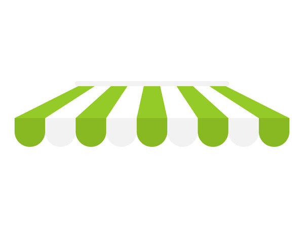 Shop stripe roof for market. Green canopy awning for shop. Street marketplace tent. Vector isolated on white.
