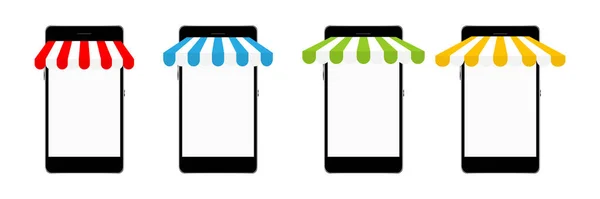 智能手机里有五彩缤纷的商店遮阳篷 商铺带屋顶供市场上的移动电话收件 在白色上孤立的向量图 — 图库矢量图片
