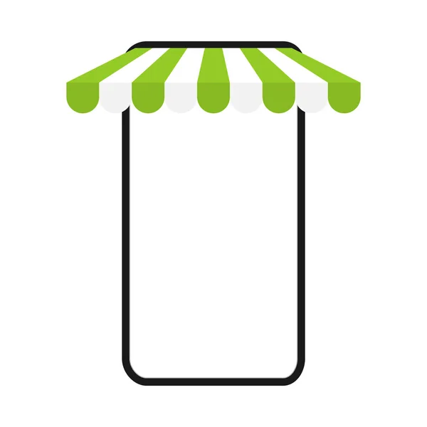 Smartphone Attrappe Mit Markise Shop Grünen Streifen Dach Für Den — Stockvektor
