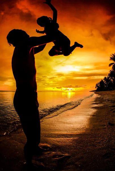 Silhouet familie van kind houden op vader hand — Stockfoto