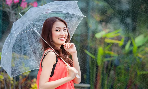 Молодая тайская леди, стоящая под зонтиком — стоковое фото