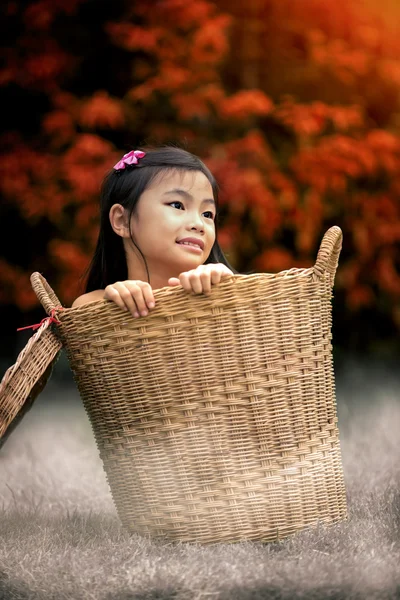 Молодая девушка сидит в корзине — стоковое фото