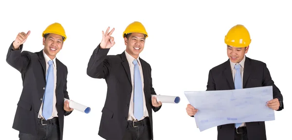 Set of young asian engineer with drawing blueprint — Stock Photo, Image