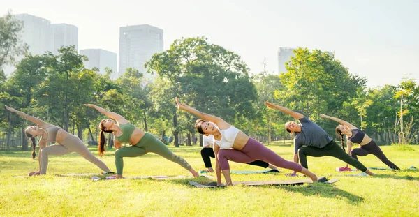 Yoga Parc Groupe Femmes Âge Mixte Posant Pendant Coucher Soleil — Photo