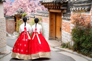Asian woman traveler in traditional korean dress or hanbok dress walking in old palace with sakura flower background, Seoul city, South Korea