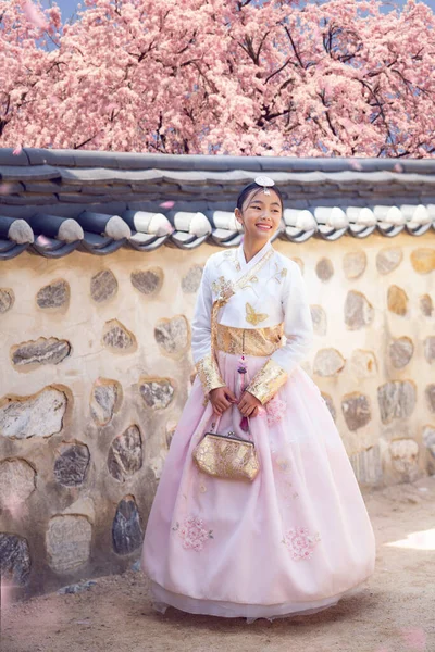 Азиатская Женщина Путешественница Традиционном Корейском Платье Платье Ханбок Ходить Старом — стоковое фото